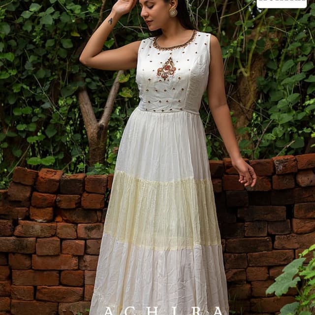 Ivory, Light Yellow, and Brown Dress