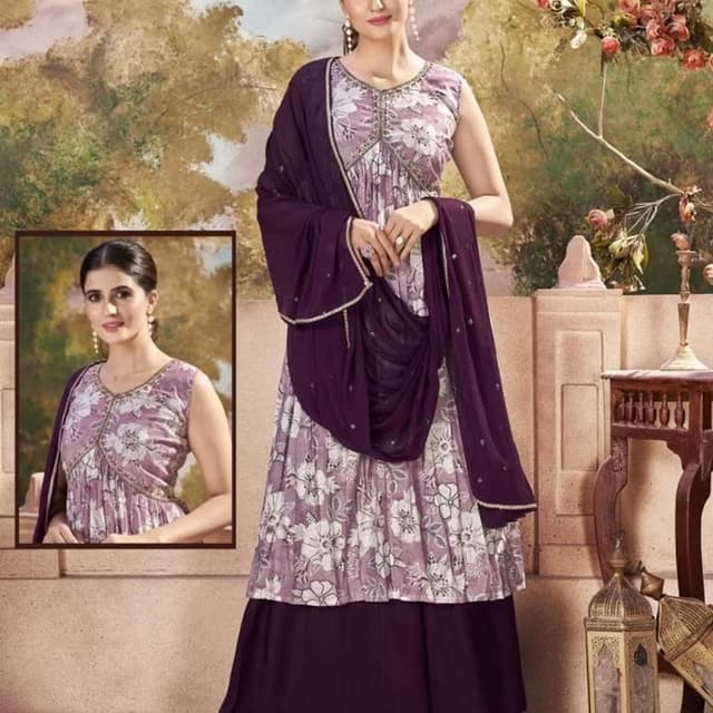 Purple, White, and Gold Anarkali Suit Set