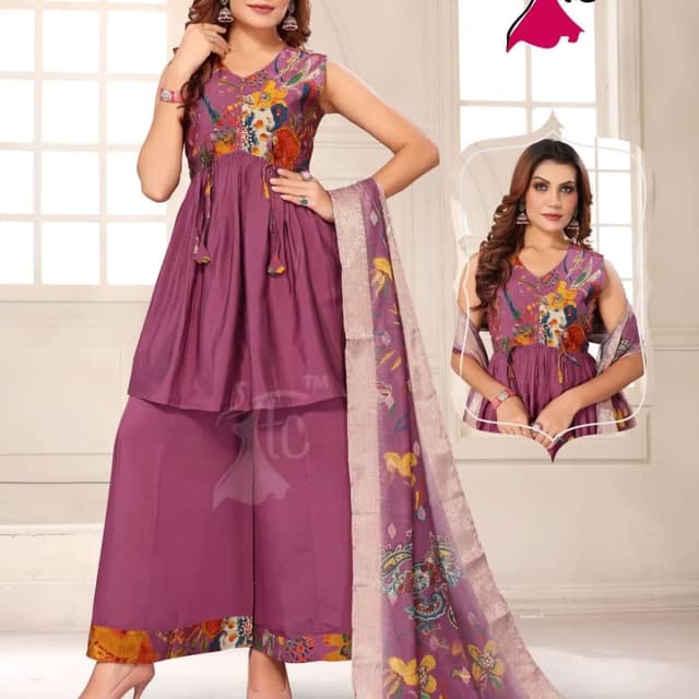 Purple, Floral Print Palazzo Suit Set