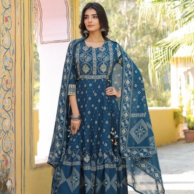 Teal and Beige Anarkali Suit