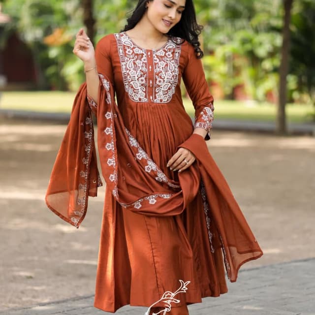 Terracotta and White Anarkali Suit