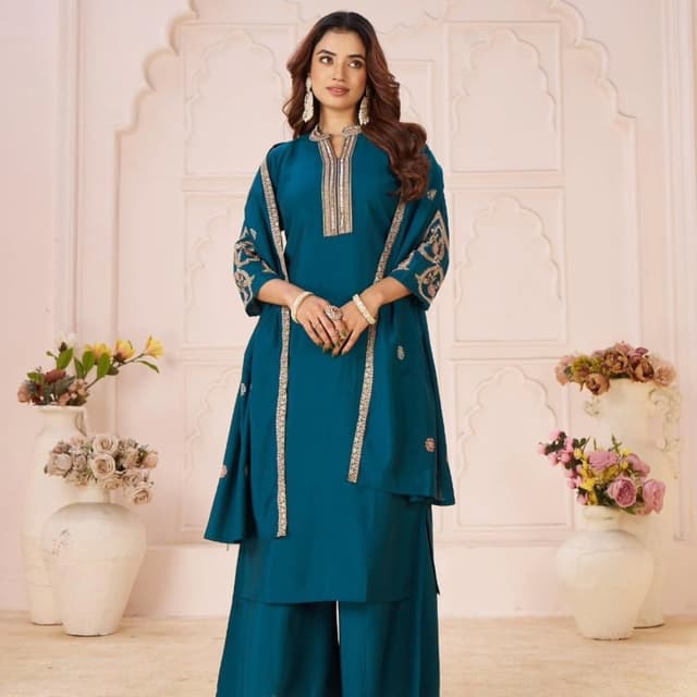 Teal with gold accents Kurta with palazzo pants