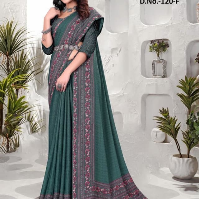 Teal, Pink, Gray Saree