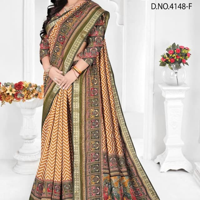 Mustard yellow, olive green, and various shades of red, pink, and brown Saree