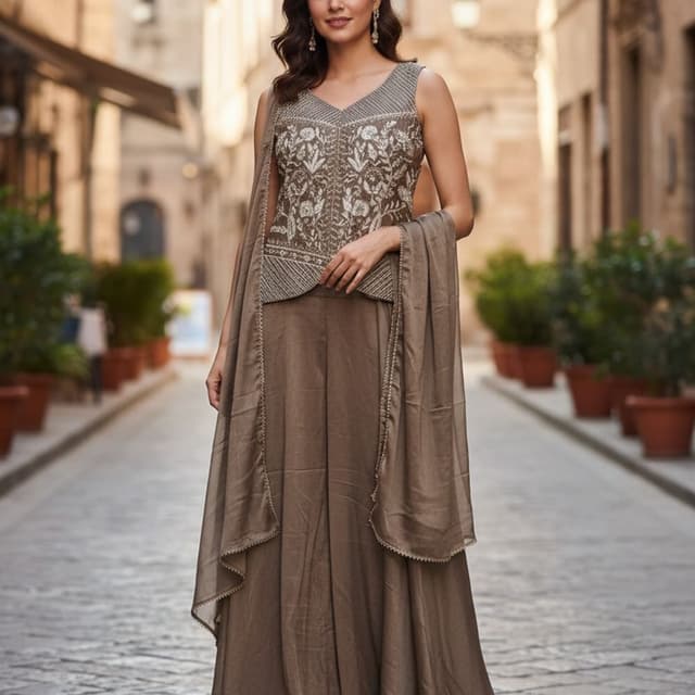Brown, Beige Sharara Suit