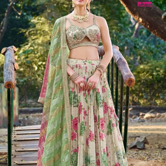 Ivory, Pink, Green, Gold Lehenga Choli