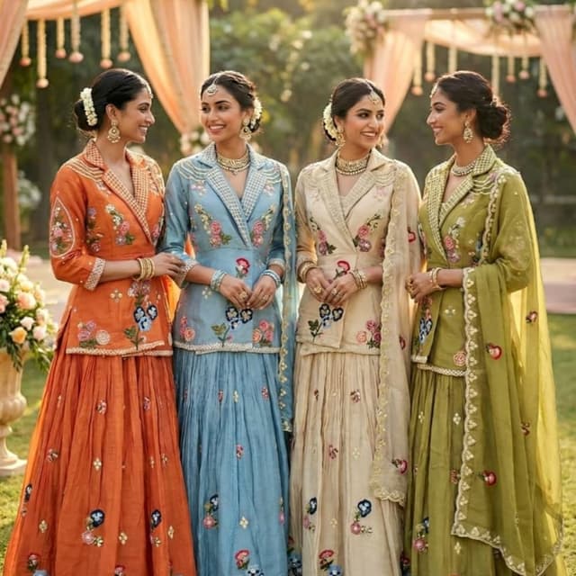 Orange, Blue, Beige, Olive Green with multi-colored floral embroidery Jacket and Lehenga Set