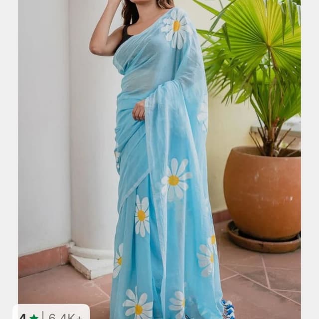 Light Blue, White, Yellow, Navy Blue Saree