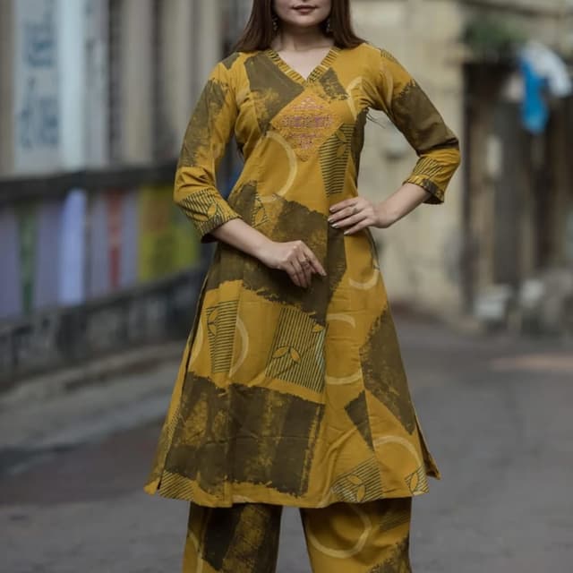 Mustard Yellow and Olive Green Kurta and Palazzo Set
