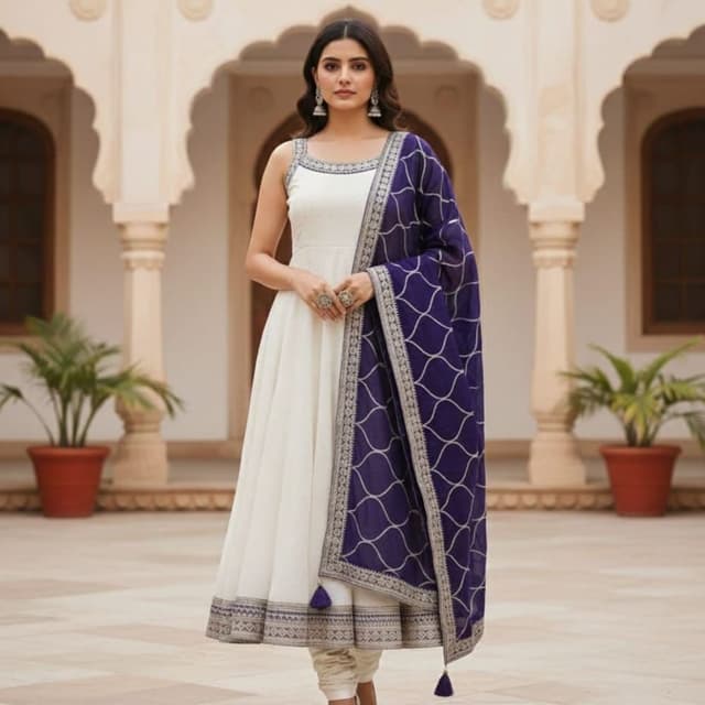 White, Purple, Silver Anarkali Suit