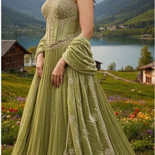 Olive Green and Beige Anarkali Gown