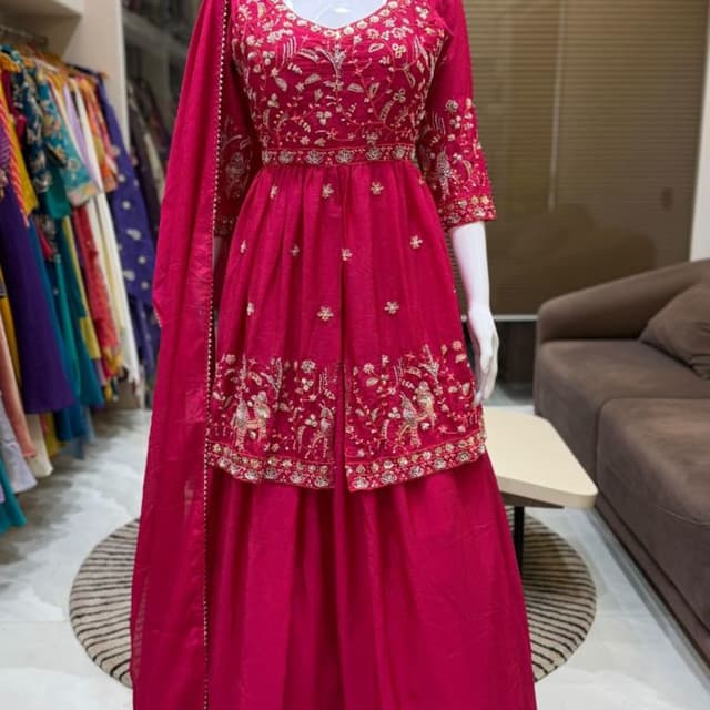 Magenta, Gold Anarkali Suit