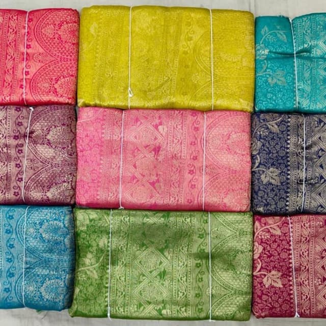 Yellow, Pink, Green, with Gold accents Fabric - Likely for Sarees or similar traditional garments