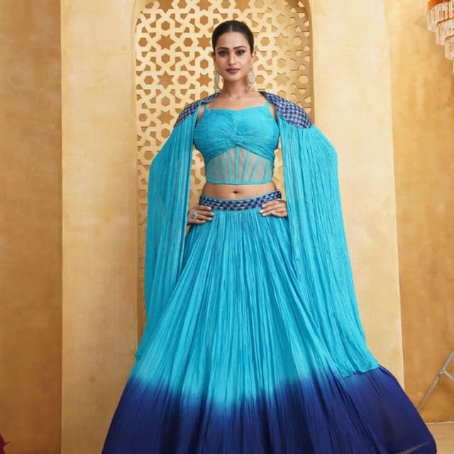 Blue, with a gradient from light turquoise to deep navy Lehenga Choli