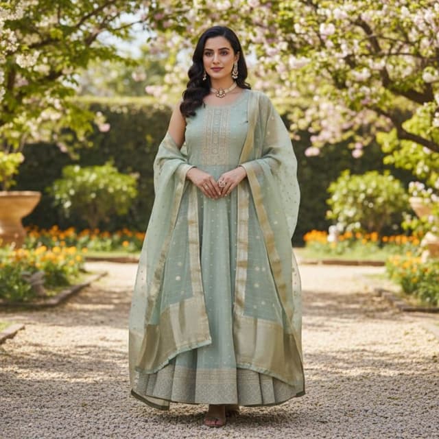 Sage Green with Gold accents Anarkali Suit with Dupatta