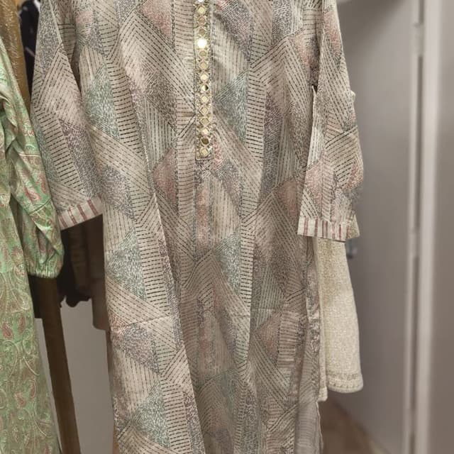 Cream, Pink, Green, Gray Kurta