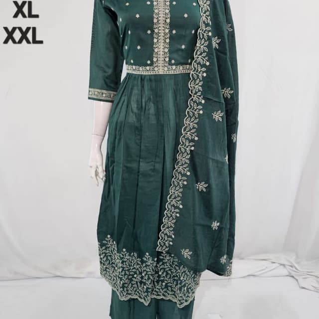 Emerald Green with White/Cream Embroidery Salwar Kameez with Dupatta