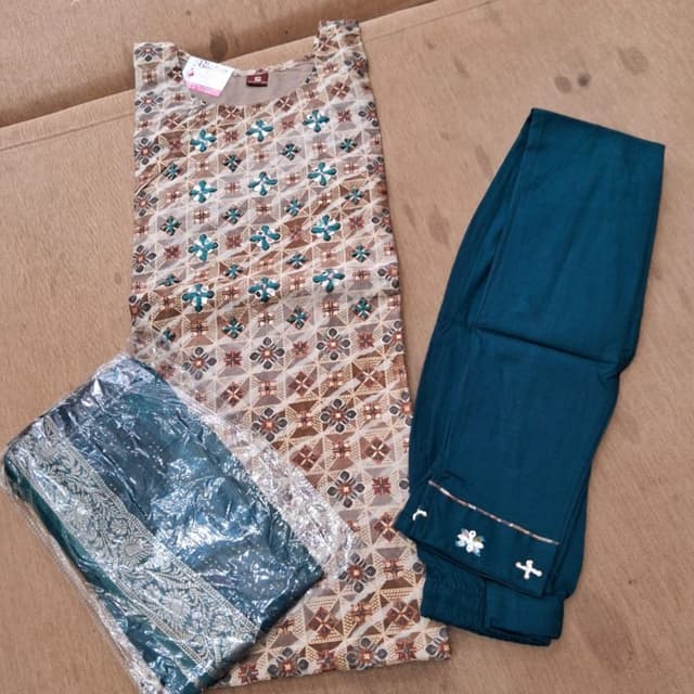 Beige, Brown, Teal Kurta with Pants and Dupatta
