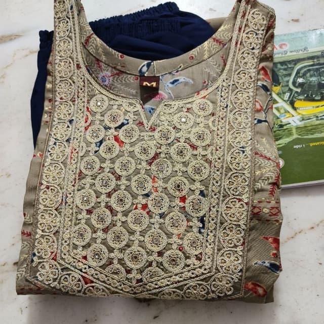 Beige, navy blue, red, gold Kurta set