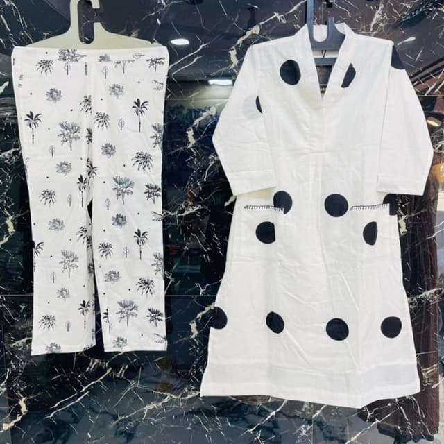 White and Black Kurta and Pants Set