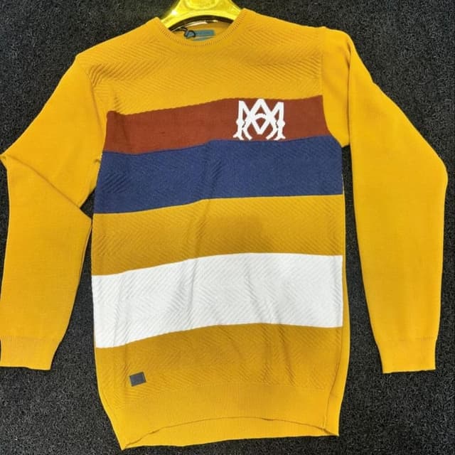 Mustard Yellow, Brown, Navy Blue, White Sweater