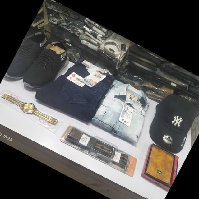 Blue, Black, Gold Jeans, Shirt, Cap, Shoes, Watch, Belt, Wallet