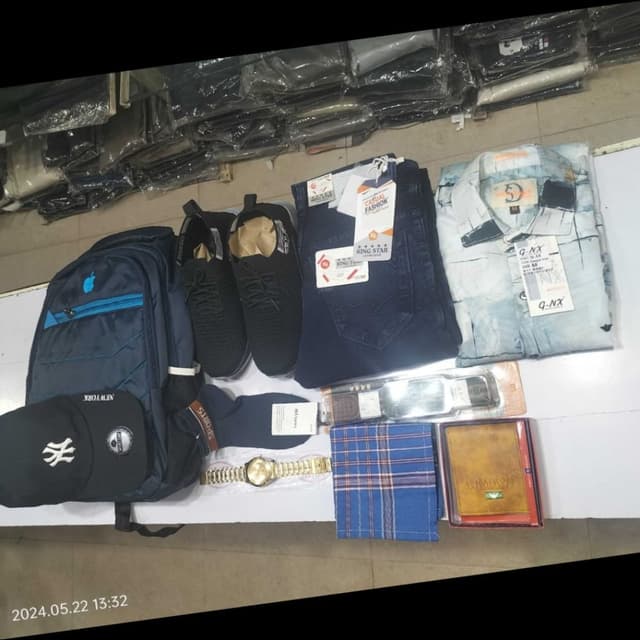 Navy blue, Black, Light Blue, Gold Shirt, Jeans, Shoes, Cap, Watch, Wallet, Handkerchief, Socks