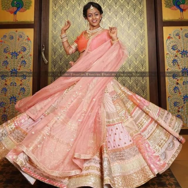 Peach, Gold Lehenga Choli