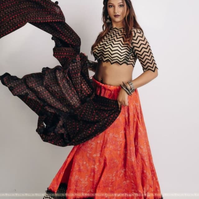 Red, Black, Gold Lehenga Choli with Dupatta