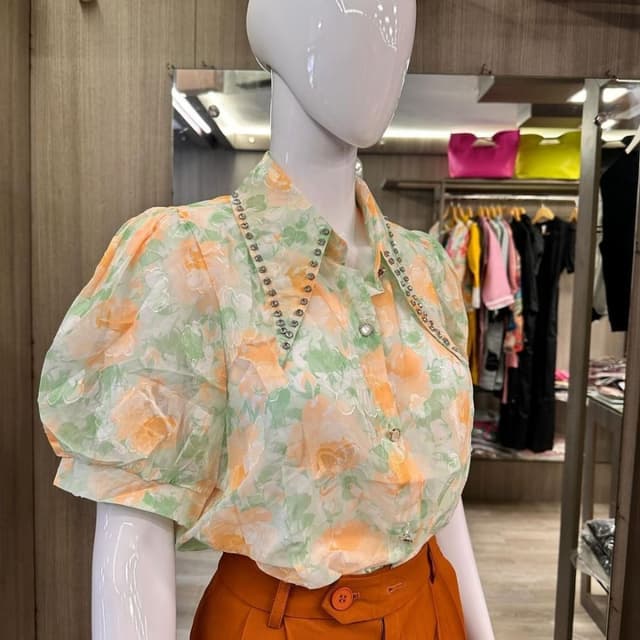 Pastel Green, Peach, White Blouse