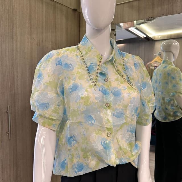 Blue, Green, White Blouse