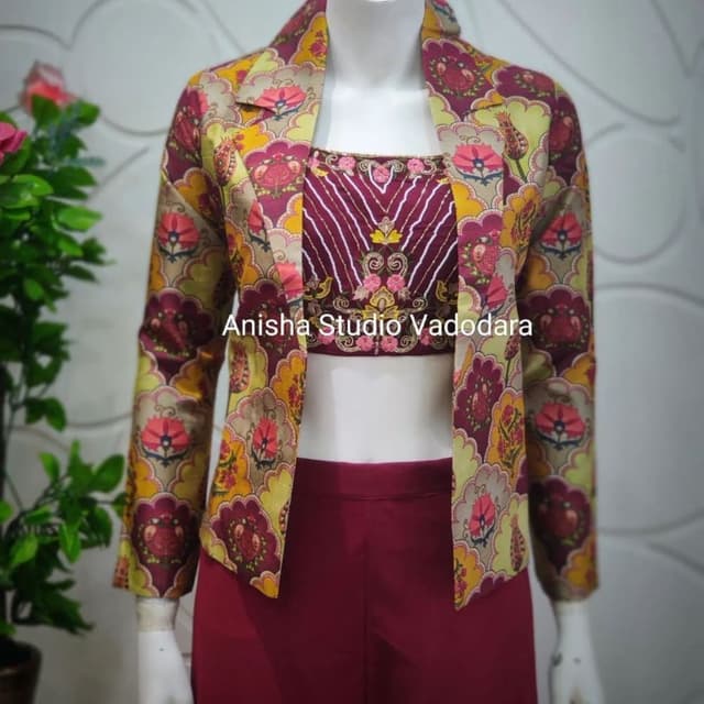 Maroon, Yellow, and Beige Jacket and Crop Top