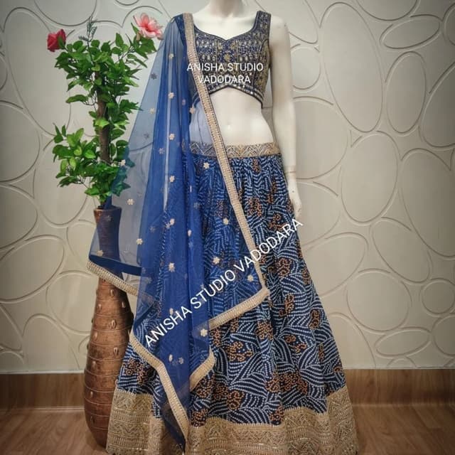 Royal Blue, Gold, and Off-White Lehenga Choli