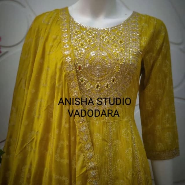 Yellow with gold accents Anarkali Dress with Dupatta