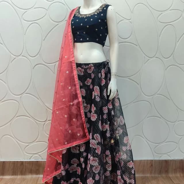 Navy Blue, Black, Peach, and Pink Lehenga Choli