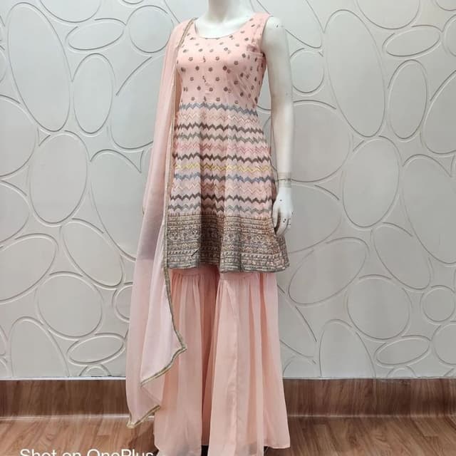 Pale Pink, Brown, Gold, Gray Sharara Suit