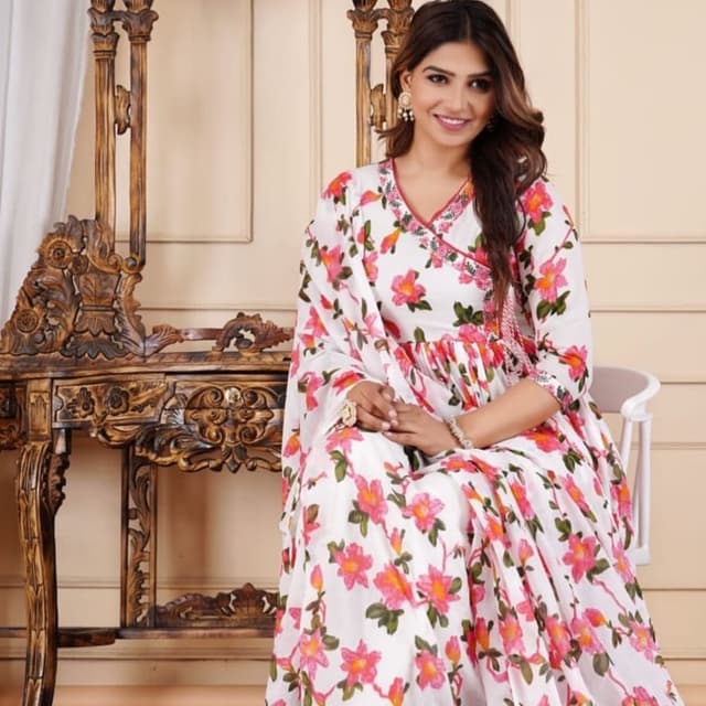 White with pink and green floral print Anarkali Dress