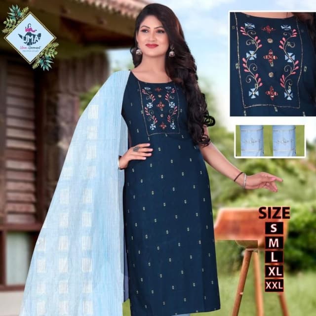 Dark Teal and Light Blue Kurta with Pant and Dupatta