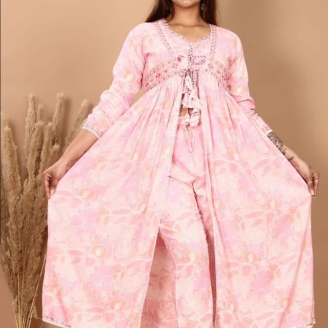 Light Pink with Peach and White accents Kurta Set with Jacket