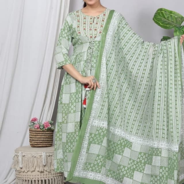 Green and White Kurta with Dupatta