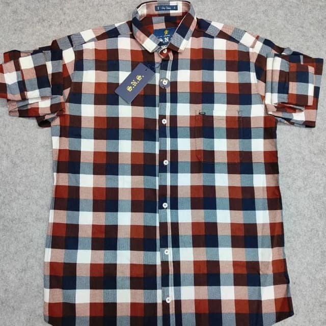 Red, Brown, White, and Blue Checkered Pattern Shirt