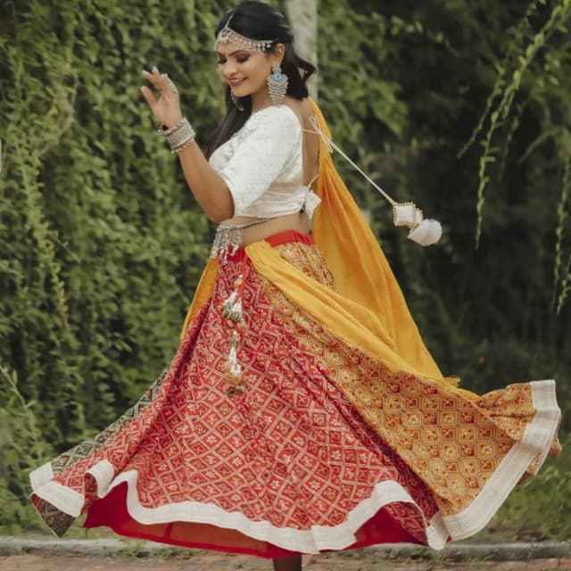 Red, Yellow, White Lehenga Choli