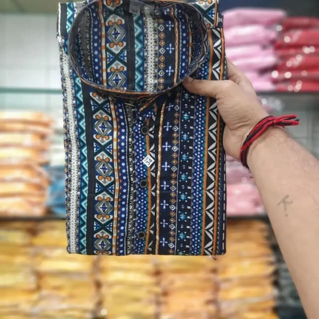 Blue, Black, White, Orange Shirt