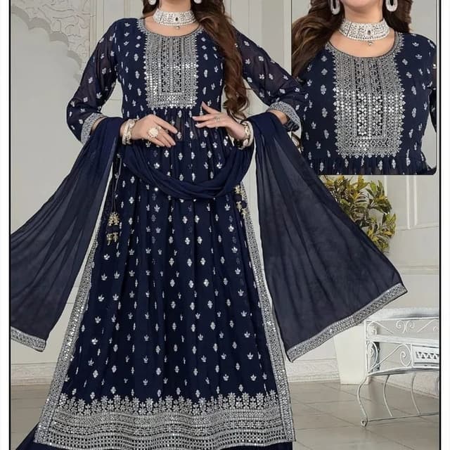 Navy Blue and Silver Anarkali Suit
