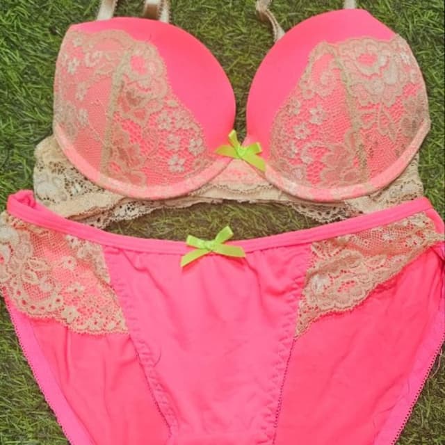 Pink, Beige, Green Bra and Panty Set
