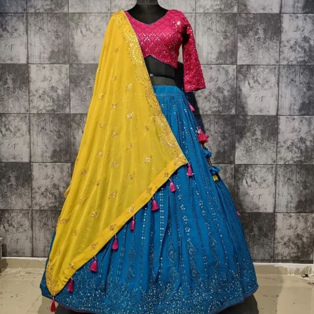 Blue, Yellow, Pink Lehenga Choli