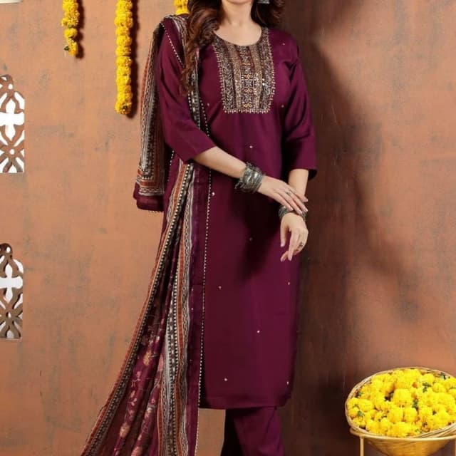 Burgundy, Brown, Beige, Gold Salwar Kameez with Dupatta