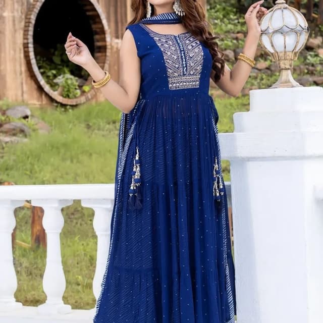 Blue with white and silver accents Anarkali Suit