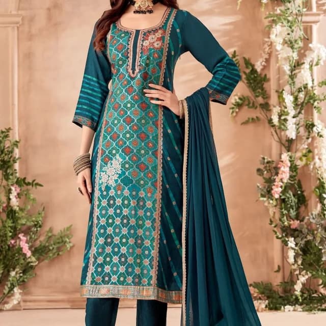 Teal, Turquoise, Orange, Gold Salwar Kameez