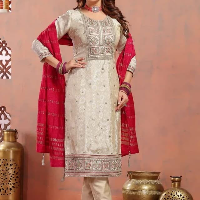 Ivory, Red, Beige Salwar Suit